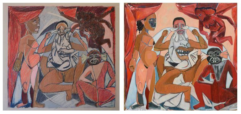 Two images: Left: Mequitta Ahuja, Le Damn, colored pencil sketch; Right: Le Damn, 2018, Oil on canvas, 80 x 84 in.
