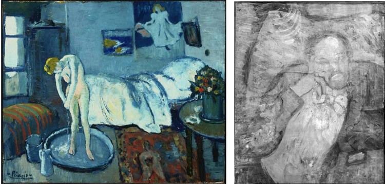 (Left) Pablo Picasso, The Blue Room, 1901, Oil on canvas 19 7/8 x 24 1/4 in.; 50.4825 x 61.595 cm. Acquired 1927. (Right) Infrared of Pablo Picassoâs The Blue Room (1901). The Phillips Collection, copyright 2008.