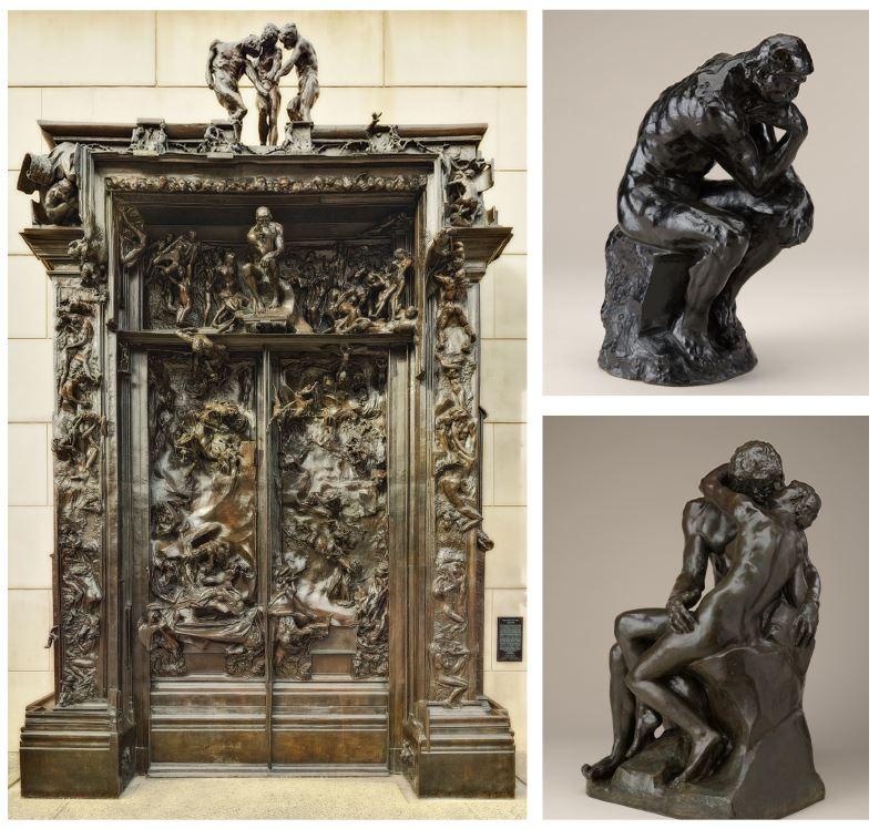 Far left: The Gates of Hell, 1880-c. 1890, cast 1981, Bronze, Cantor Arts Center, Gift of B. Gerald Cantor Collection Left top and bottom: The Thinker, modeled 1880, reduced 1903, cast later, Bronze; The Kiss, modeled c. 1881â82, cast later, Bronze; North Carolina Museum of Art, Gift of the Iris and B. Gerald Cantor Foundation