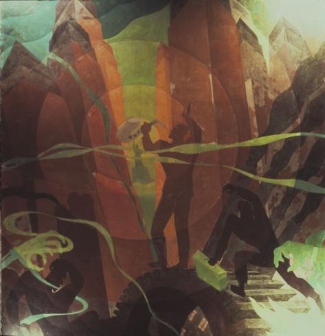 Painting with oranges, greens, and browns of silhouette playing saxophone and other silhouettes working in front of towers