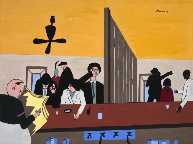 Painting of men in a bar with a wall dividing the bar. On one side there are white men and on the other side there are Black men