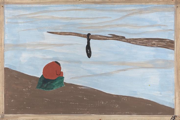 Painting of man hunched over by the water with shoulders slumped looking at a noose hanging from a tree