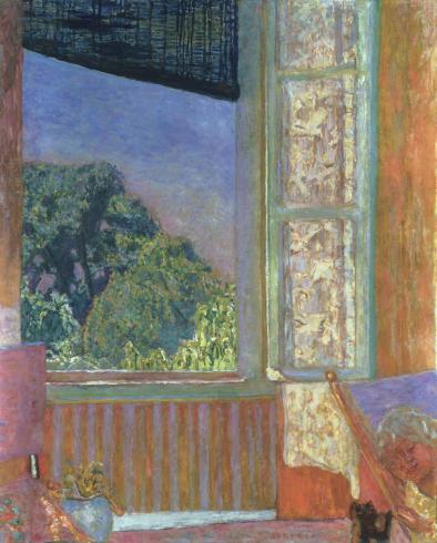 painting of an open window with soft colors that fade into each other with woman resting