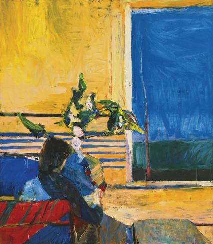 painting of young girl looking out of a window with bold colors and a plant