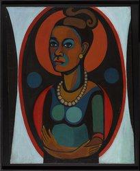 Painting of a Black woman in red and blue tones. She's cradling her belly in her arms as if she is hugging herself. 