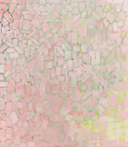 Abstract painting in vertical orientation of light pink squares and rectangles outlined with green in mosaic style. Bottom right has a lime green and yellow coloring