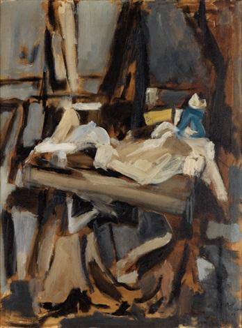 Expressionist painting in vertical orientation of an artist studio. There is a dark brown easel with paint and rags thrown over the base of the easel. 