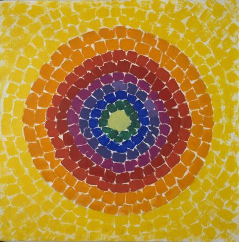 Abstract painting with colorful concentric circles with green center, then blue, red, orange, and yellow in a mosaic pattern