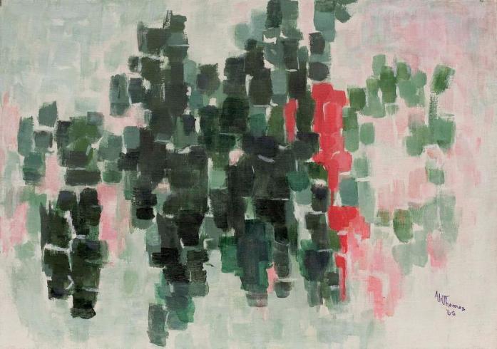 Abstract painting in horizontal orientation with a light pink and bluish background. In the foreground are dark rectangle patterns with various shades of dark green and a peek of red