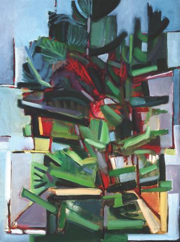 Abstract painting in vertical orientation of a pine tree. Darker shades of green at the top of the painting move to lighter greens with reds and yellows that peek through