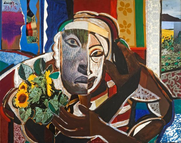 stylized collage of Romare Bearden, holding sunflowers, in colorful room