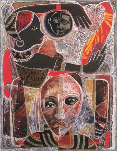 collage in browns and reds of woman embracing man with split face with masked figure on bottom