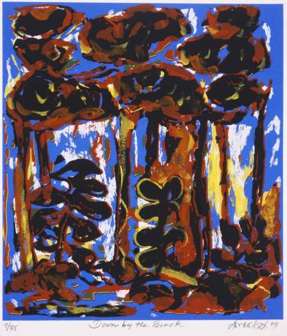 Abstract painting in horizontal orientation of reddish brown trees by a brook. Peeks of yellow emerge behind the trees over a blue background