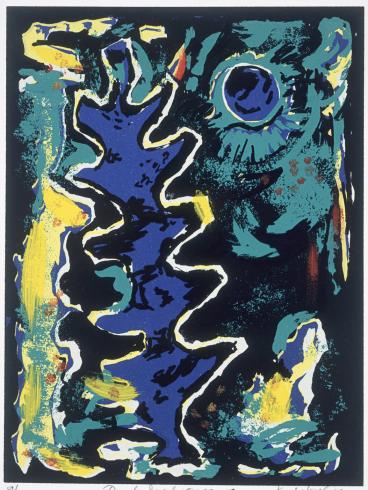 Abstract painting in vertical orientation with a black background and blue ice. A blue moon peeks through green leaves.