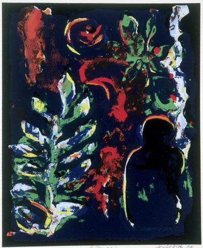 Abstract painting in vertical orientation with a primarily black background. A shadow of a man appears in the bottom right corner with green and yellow trees and red plants in the background.