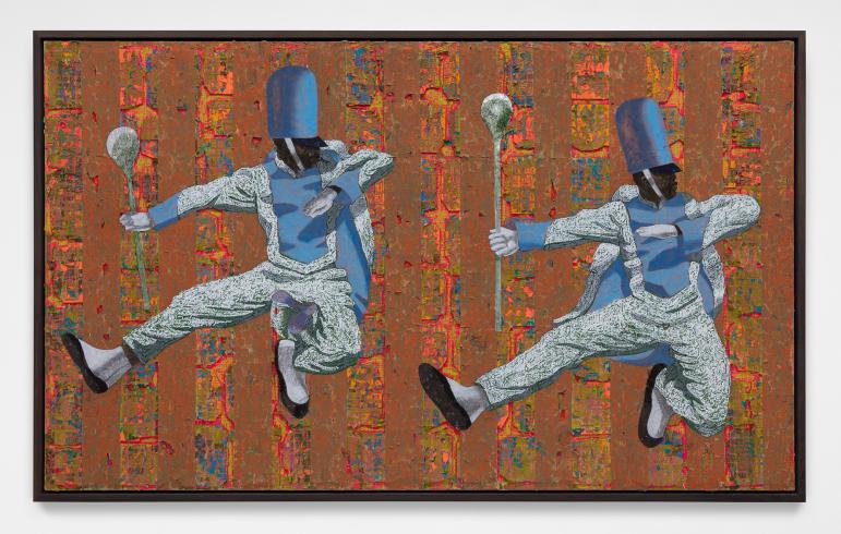 Derek Fordjour, Airborne Double, 2022, Acrylic, charcoal, cardboard, oil pastel, and foil on newspaper mounted on canvas, 60 x 100 in., Frances Fine Art Collection, Courtesy of the artist, David Kordansky Gallery, and Petzel Gallery, New York, Photo: Daniel Greer, © Derek Fordjour