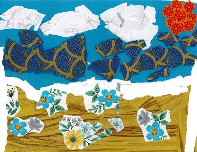 Paper collage of a sky scene with flowers beneath.