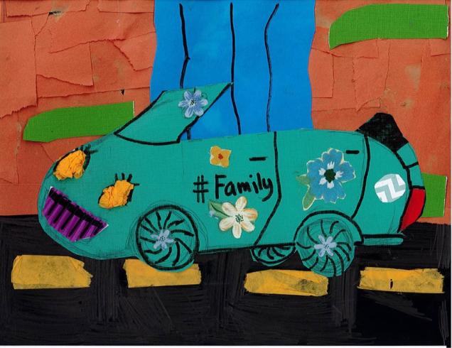Paper collage of a green car that says, "Family".