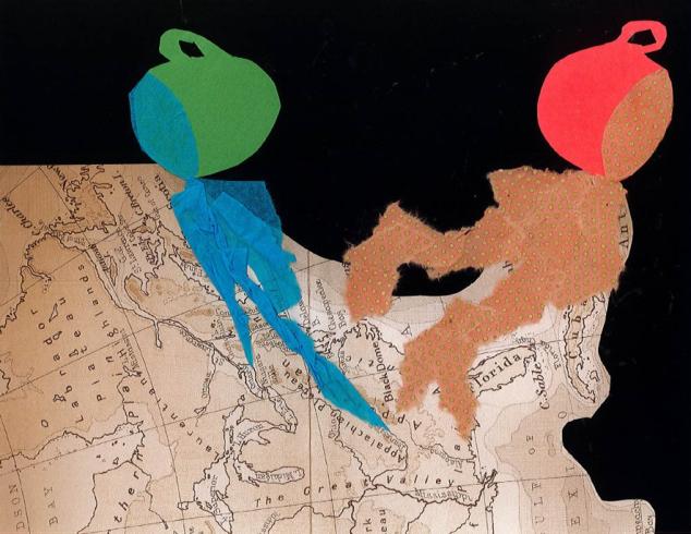Paper collage of a map with two abstract figures.