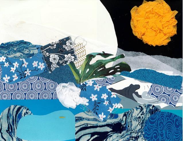 Paper collage with a wavy ocean and sun above.