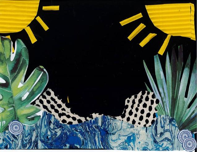 Paper collage with two suns and two large, green leaves beneath.