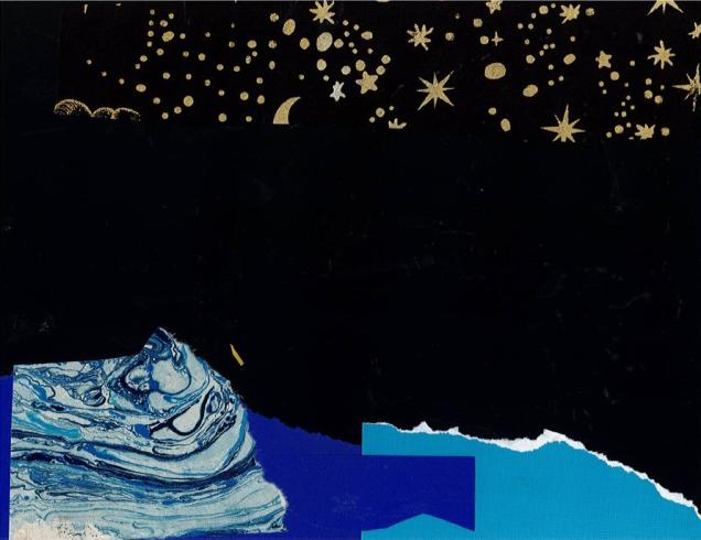 Paper collage with a starry night above ocean waves.