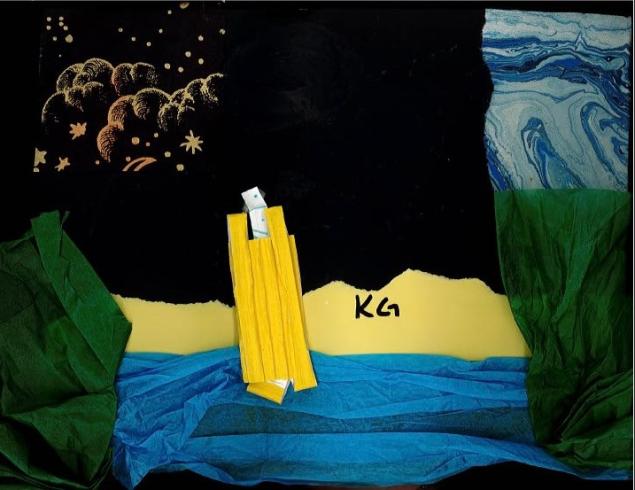 Paper collage with an ocean scene at night.