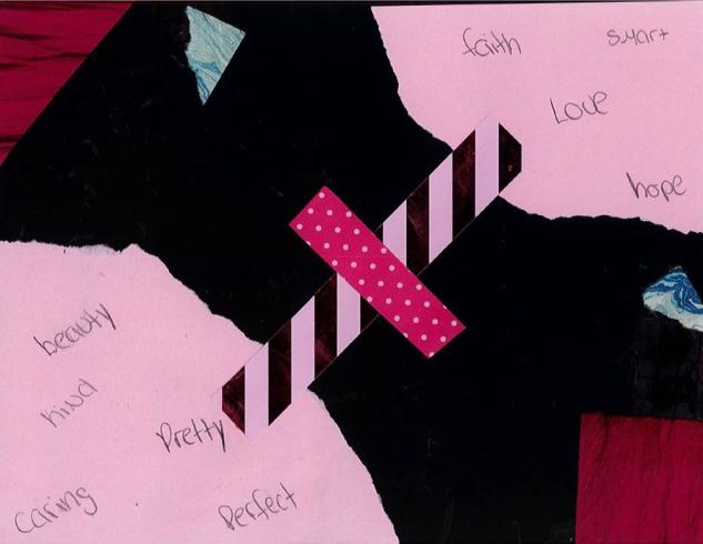 Paper collage with words written on two torn, pink pieces.