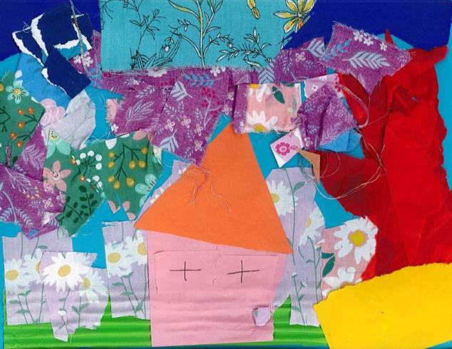 Paper collage of a house surrounded by flower pieces.