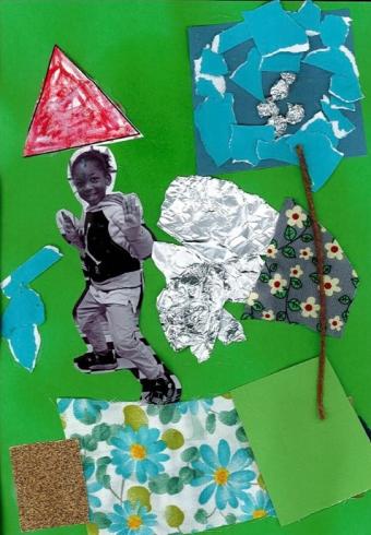 Green paper collage with a picture of a boy posing.