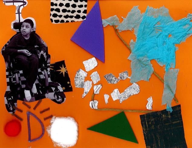 Orange paper with a photo of a child and collaged materials.