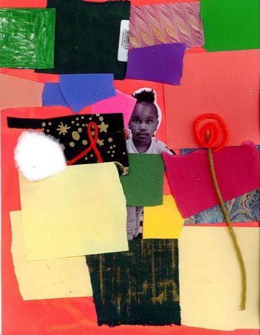 Red paper with a photo of a child and collaged materials.