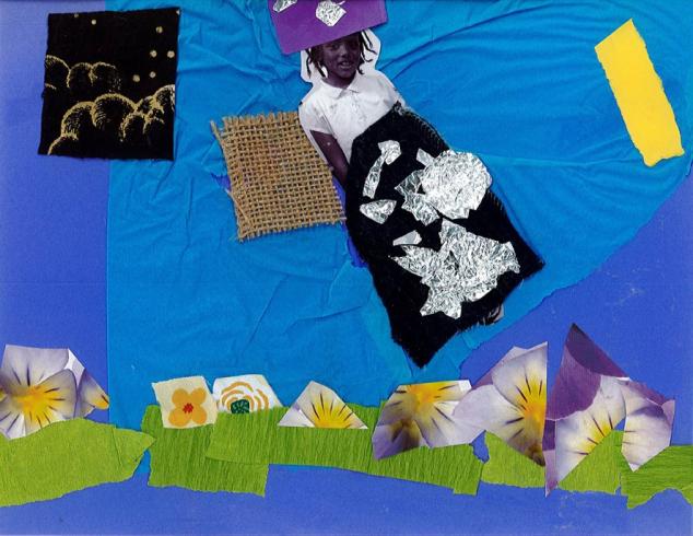 Blue paper with a photo of a child and collaged materials.