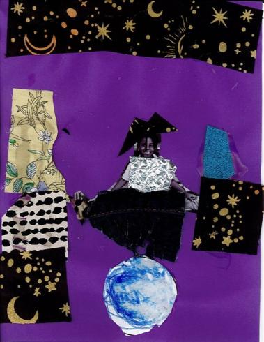 Purple paper with a photo of a child and collaged materials.