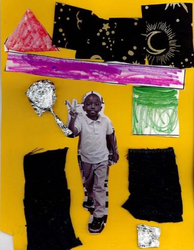 Yellow paper with a photo of a child and collaged materials.