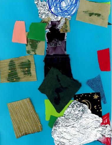 Blue paper with a photo of a child and collaged materials.