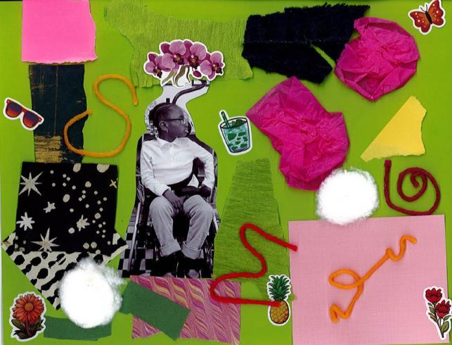 Green paper with a photo of a child and collaged materials.