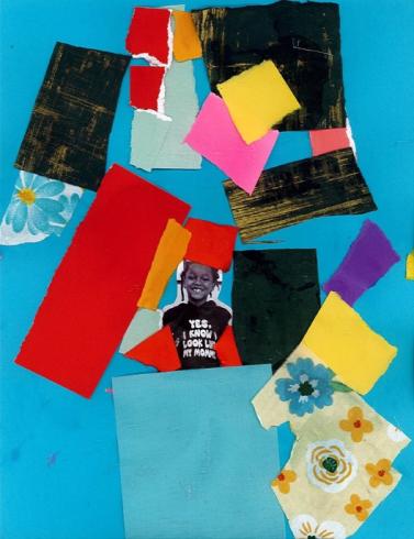 Light blue paper with a photo of a child and collaged pieces.