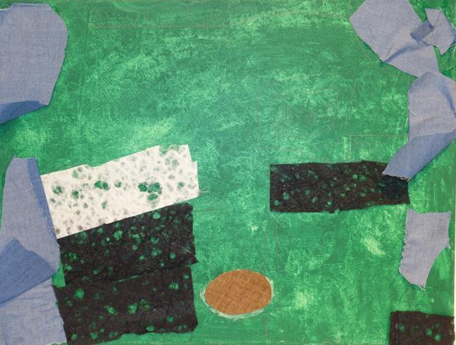 Green painted canvas with various pieces of paper.