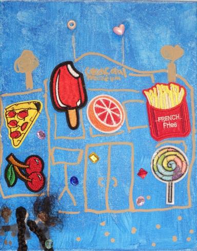 Blue painted canvas with a store filled with food stickers.