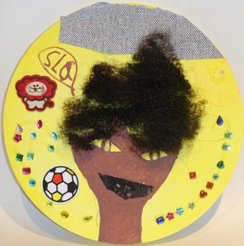 Circle canvas with a person smiling and sticker gems.