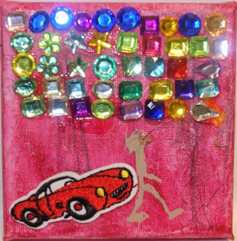 Pink painted canvas with sticker gems and a red car.