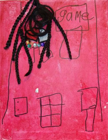 Red painted canvas with windows, hair braids, and the word, "game".