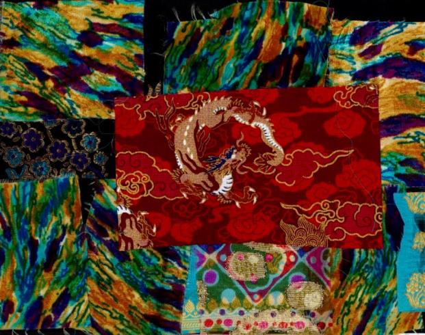 Colorful collage with a red square and dragon in the center.