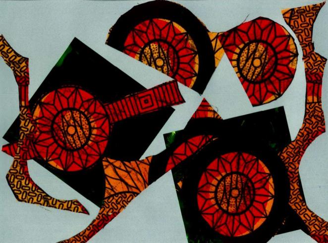 Collage of red, orange, and black fabric circles.