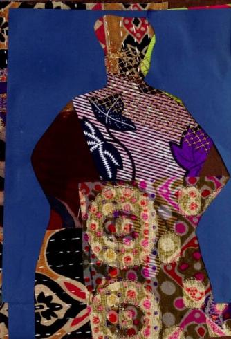 Collage of a person's silhouette in different fabrics and textures.