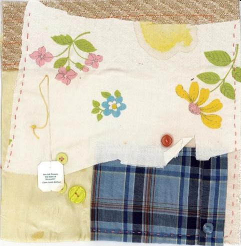 Quilted pattern with flowers, plaid, and buttons.