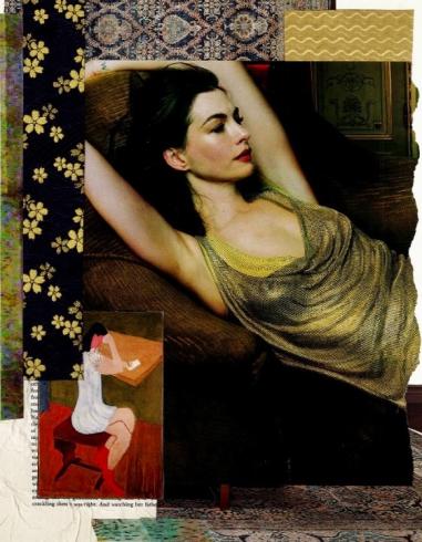 Collage of a woman laying back and a girl writing in the left corner.