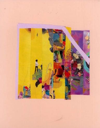 Pink collage with a yellow square and person in the center.