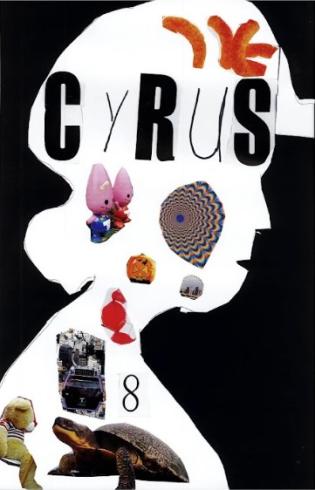 Silhouette of a child filled with magazine images and the name, "Cyrus."